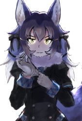 Rule 34 | 10s, 1girl, animal ears, aranagi (arng 4401), bow, dire wolf (kemono friends), fur collar, gloves, glowing, glowing eyes, hair bow, highres, kemono friends, multicolored hair, necktie, plaid trim, solo, tail, v-shaped eyebrows, wolf ears, wolf tail, yellow eyes