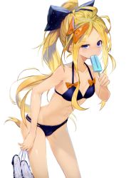 Rule 34 | 1girl, abigail williams (fate), alternate hairstyle, anzi, bad id, bad pixiv id, bare arms, bare shoulders, bikini, black bikini, black bow, black footwear, blonde hair, blue eyes, bow, breasts, closed mouth, collarbone, commentary request, fate/grand order, fate (series), food, food in mouth, hair bow, high ponytail, highres, holding, holding food, holding shoes, long hair, looking at viewer, mouth hold, navel, orange bow, polka dot, polka dot bow, ponytail, popsicle, shoes, unworn shoes, simple background, small breasts, solo, swimsuit, very long hair, white background