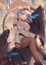 Rule 34 | 1girl, absurdres, azur lane, black gloves, black pantyhose, blue eyes, blue hair, bow, breasts, chapayev (azur lane), gloves, harris hero, hat, highres, large breasts, looking at viewer, military, military hat, military uniform, pantyhose, short hair, sitting, smile, solo, uniform