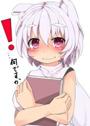 Rule 34 | 1girl, animal ears, blush, book, hugging book, eyebrows, holding, holding book, hugging object, ichirin, inubashiri momiji, looking at viewer, pink eyes, shirt, silver hair, simple background, smile, solo, tail, thick eyebrows, touhou, translation request, upper body, white background, wolf ears, wolf tail