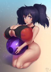 Rule 34 | 1girl, ball, beachball, blush, breast lift, breasts, coffeeslice, commission, curvy, covered erect nipples, highres, huge breasts, kneeling, long hair, looking to the side, open mouth, puffy nipples, purple eyes, purple hair, solo, swimsuit, thick thighs, thighs, twintails, wide hips