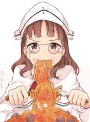 Rule 34 | 10s, 1girl, bad id, bad pixiv id, blunt bangs, brown eyes, brown hair, capelet, eating, eyewear strap, food, food in mouth, food on face, glasses, headdress, ido (teketeke), kantai collection, meatball, pasta, pince-nez, roma (kancolle), round eyewear, short hair, simple background, solo, spaghetti, twitter username, white background