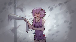 Rule 34 | 1girl, absurdres, bare shoulders, blizzard, closed eyes, cold, cowboy shot, criss-cross halter, crying, dress, empire waist, furrowed brow, hair ornament, halter dress, halterneck, hand up, highres, holding, holding towel, icicle, light purple hair, no jacket, open mouth, purple dress, raised eyebrows, ribbed dress, shiburingaru, short dress, short hair with long locks, snow on body, snow on head, snowing, solo, spinning, tears, towel, vocaloid, voiceroid, yuzuki yukari