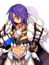Rule 34 | 1boy, armor, cape, closed mouth, commentary request, cowboy shot, emon-yu, eyes visible through hair, genetic (ragnarok online), gloves, grey cape, hair between eyes, hair over one eye, living clothes, male focus, medium hair, midriff, navel, pauldrons, purple hair, ragnarok online, shadow, shoulder armor, simple background, smile, solo, stitches, syringe, teeth, vial, white background, white gloves, yellow eyes