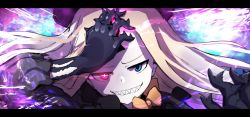 Rule 34 | 1girl, abigail williams (fate), abigail williams (third ascension) (fate), absurdres, arm up, bad id, bad twitter id, black bow, black dress, black gloves, black hat, blonde hair, blue eyes, bow, commentary request, dress, elbow gloves, evil grin, evil smile, fate/grand order, fate (series), gloves, glowing, glowing eye, gradient hair, grin, hand on own forehead, hat, head tilt, heterochromia, highres, letterboxed, long hair, long sleeves, looking at viewer, multicolored hair, orange bow, parted bangs, protected link, purple eyes, shadow, sharp teeth, silver hair, smile, solo, teeth, torn clothes, torn sleeves, wada kazu