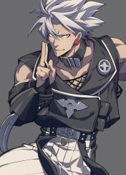 Rule 34 | 1boy, arm blade, belt, belt collar, black gloves, black jacket, character name, chipp zanuff, closed mouth, collar, commentary request, cowboy shot, fingerless gloves, gloves, grey background, guilty gear, guilty gear xrd, hand up, highres, jacket, looking at viewer, male focus, pants, red eyes, samei ikusa, sanpaku, silver hair, simple background, smile, solo, weapon, white pants