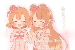 Rule 34 | 10s, 2girls, :d, ^ ^, blush, bow, bowtie, brown hair, choker, clenched hands, closed eyes, countdown, earrings, closed eyes, flower, flower earrings, hair bun, hair flower, hair ornament, hand on another&#039;s shoulder, jewelry, kosaka honoka, long hair, love live!, love live! school idol project, minami kotori, multiple girls, one side up, open mouth, orange hair, saku usako (rabbit), single hair bun, smile, translation request