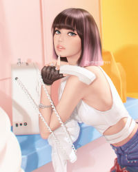 Rule 34 | 1girl, blackpink, blue eyes, breasts, brown hair, corded phone, cowboy shot, denim, fingerless gloves, fishnet gloves, fishnets, gloves, highres, jeans, lips, lisa (blackpink), looking at viewer, pants, parted lips, phone, short hair, sleeveless, small breasts, solo, teeth, umigraphics