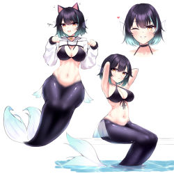 Rule 34 | 08m-, 1girl, absurdres, animal ears, aqua hair, armpits, bell, bikini, bikini top only, black bikini, black choker, black hair, breasts, cat ears, choker, cleavage, closed mouth, clothes lift, commentary, english commentary, fins, full body, head fins, highres, hood, hoodie, hoodie lift, large breasts, long sleeves, looking at viewer, mermaid, monster girl, multicolored hair, multiple views, navel, neck bell, open mouth, original, paw pose, portrait, simple background, smile, swimsuit, white background, white hoodie