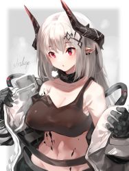Rule 34 | 1girl, arknights, black gloves, breasts, crop top, gloves, horns, large breasts, long hair, material growth, mudrock (arknights), mudrock (elite ii) (arknights), oripathy lesion (arknights), pointy ears, red eyes, sigh, signature, solo, undressing, usuki (graygreed), white hair