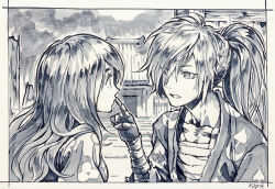 Rule 34 | 1boy, 1girl, bandages, black hair, dororo (tezuka), eye contact, greyscale, hair over one eye, highres, hyakkimaru (dororo), index finger raised, japanese clothes, long hair, looking at another, male focus, mio (dororo), monochrome, open mouth, outdoors, ponytail, prosthesis, robiiiiim, weapon