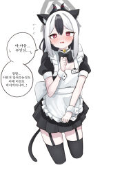 Rule 34 | 1girl, absurdres, alternate costume, animal ears, apron, bell, black bow, black bowtie, black dress, black hair, black thighhighs, blue archive, blush, bow, bowtie, breasts, bright pupils, cat ears, cat girl, cat tail, choker, cleavage, cleavage cutout, clothing cutout, cropped legs, dress, enmaided, flying sweatdrops, garter straps, halo, highres, horns, kayoko (blue archive), kemonomimi mode, korean text, looking at viewer, maid, maid apron, medium hair, multicolored hair, neck bell, open mouth, pepsi2330, red eyes, short sleeves, simple background, small breasts, solo, speech bubble, sweatdrop, tail, thighhighs, translation request, two-tone hair, white background, white hair, white pupils, wrist cuffs