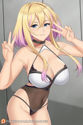 Rule 34 | 1girl, aslindsamure, azur lane, bare shoulders, black one-piece swimsuit, blonde hair, blush, breasts, choker, cleavage, collarbone, covered navel, double v, grin, hands up, highres, large breasts, looking at viewer, marblehead (azur lane), multicolored hair, one-piece swimsuit, purple hair, short hair, short hair with long locks, sidelocks, smile, solo, swimsuit, thighs, two-tone hair, two-tone swimsuit, v, white one-piece swimsuit