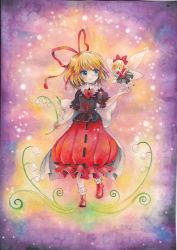 Rule 34 | 1girl, aqua eyes, arm up, bellflower, blonde hair, bow, bubble skirt, capelet, female focus, flower, hair bow, hair ribbon, light particles, lights, lily of the valley, marker (medium), medicine melancholy, mosho, painting (medium), ribbon, shirt, skirt, smile, solo, su-san, touhou, traditional media, watercolor (medium), wings, | |