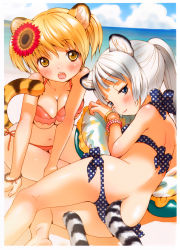 Rule 34 | 2girls, :o, absurdres, animal ears, arm support, ass, bare legs, bare shoulders, barefoot, beach, bikini, blonde hair, blue eyes, blush, breasts, cat ears, cat tail, cleavage, fang, flower, hair flower, hair ornament, halterneck, highres, innertube, inuburo, large breasts, looking at viewer, looking back, lying, multiple girls, navel, on side, open mouth, original, panties, pink bikini, polka dot, polka dot panties, ponytail, seductive smile, short hair, short twintails, side-tie bikini bottom, silver hair, sitting, smile, sunflower, swim ring, swimsuit, tail, tiger ears, tiger tail, twintails, underwear, unmoving pattern, wristband, yellow eyes