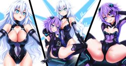 Rule 34 | 2girls, alternate breast size, artist name, black heart (neptunia), blue eyes, blush, braid, breasts, cleavage, elbow gloves, gloves, hair between eyes, hair ornament, headgear, highres, large breasts, leotard, long hair, looking at viewer, multiple girls, multiple views, neptune (neptunia), neptune (series), noire (neptunia), open mouth, power symbol, power symbol-shaped pupils, purple hair, purple heart (neptunia), sereneandsilent, short hair, smile, symbol-shaped pupils, thighhighs, very long hair, white background, wings, yuri