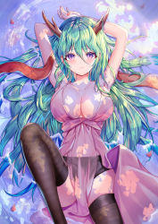 Rule 34 | 1girl, absurdres, armpits, arms up, bare shoulders, black shorts, black thighhighs, blush, breasts, brown shawl, center opening, cleavage, closed mouth, collarbone, commentary request, cowboy shot, dress, green hair, hair between eyes, highres, horns, knee up, large breasts, long hair, looking at viewer, lying, lying on water, navel, on back, original, petals, petals on liquid, pink dress, purple eyes, see-through, shade, shan far, shawl, short shorts, shorts, sidelocks, skindentation, sleeveless, sleeveless dress, slit pupils, solo, stomach, thighhighs