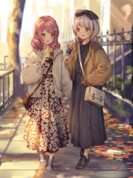 Rule 34 | 2girls, absurdres, aqua eyes, arm up, autumn leaves, bag, bang dream!, belt, belt buckle, black footwear, blurry, blurry background, blush, braid, brown jacket, bubble tea, buckle, collared dress, commentary request, crepe, cup, day, depth of field, dot nose, drawstring, dress, drinking straw, earrings, egg earrings, egg hair ornament, fence, floral print, food, food-themed hair ornament, full body, grey dress, hair ornament, hair over shoulder, handbag, highres, holding, holding cup, holding food, jacket, jewelry, long hair, long skirt, long sleeves, looking at another, maruyama aya, medium hair, multiple girls, nogi momoko, open clothes, open jacket, open mouth, outdoors, path, photoshop (medium), pink eyes, pink hair, print dress, puffy sleeves, road, shoes, side-by-side, silver hair, skirt, sleeve cuffs, sleeves past wrists, smile, sneakers, swept bangs, teeth, twin braids, upper teeth only, wakamiya eve, walking, white jacket, wide sleeves