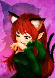 Rule 34 | 1girl, alternate hairstyle, animal ears, carte, cat ears, cat tail, extra ears, hair down, highres, kaenbyou rin, licking, licking hand, long hair, multiple tails, nekomata, one eye closed, pink background, pointy ears, purple background, red eyes, red hair, solo, tail, tongue, tongue out, touhou