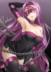Rule 34 | 1girl, arm up, armpits, artist name, bare shoulders, black dress, black gloves, black thighhighs, blindfold, breasts, chain, cleavage, collar, collarbone, covered navel, dress, facial mark, fate/stay night, fate (series), female focus, forehead mark, gloves, gradient background, hair intakes, kagami com, large breasts, leaning forward, lips, long hair, looking at viewer, medusa (fate), medusa (rider) (fate), nameless dagger (fate), one eye covered, open mouth, parted lips, pink eyes, purple hair, short dress, simple background, smile, solo, strapless, strapless dress, thighhighs, torn blindfold, very long hair