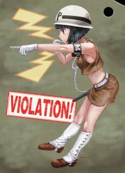 Rule 34 | 10s, 1girl, abazu-red, ankle boots, armband, black eyes, black hair, blowing whistle, blunt bangs, bob cut, boots, brown footwear, brown shirt, brown skirt, commentary request, crop top, dress shirt, english text, from side, full body, girls und panzer, gloves, helmet, holding, leaning forward, midriff, military police, miniskirt, pencil skirt, pointing, shirt, short hair, side slit, skirt, sleeveless, sleeveless shirt, solo, sono midoriko, standing, whistle, white gloves, white legwear