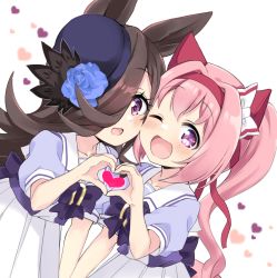 Rule 34 | 2girls, animal ears, blue flower, blue rose, blush, cheek-to-cheek, commentary request, flower, flower-shaped pupils, hair intakes, hair over one eye, hairband, haru urara (umamusume), hat, hat flower, heads together, heart, heart hands, heart hands duo, highres, hizuki yayoi, horse ears, long hair, looking at viewer, multiple girls, one eye closed, open mouth, pink hair, ponytail, puffy short sleeves, puffy sleeves, purple shirt, rice shower (umamusume), rose, sailor collar, school uniform, shirt, short sleeves, skirt, smile, symbol-shaped pupils, tracen school uniform, umamusume, white skirt
