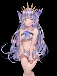 Rule 34 | 1girl, bare shoulders, betabeet, black background, blue eyes, blue flower, blue rose, blush, burnt clothes, clothes lift, collarbone, commentary, crystal, english commentary, flower, granblue fantasy, highres, lifting own clothes, lily (granblue fantasy), long hair, navel, open mouth, pleated skirt, pointy ears, rose, silver hair, skirt, skirt lift, solo, standing, strapless, tiara, tube top, white skirt