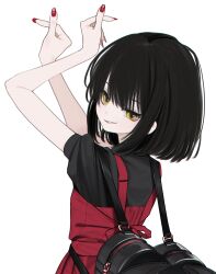 Rule 34 | 1girl, archived source, arms up, backpack, bag, black hair, black shirt, dress, finger heart, fingernails, from behind, grin, heart-shaped bag, highres, honnryou hanaru, long fingernails, looking at viewer, looking back, original, parted lips, pinafore dress, red dress, red nails, senda aki, shirt, short hair, short sleeves, simple background, sleeveless, sleeveless dress, smile, solo, upper body, white background, yellow eyes