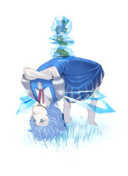 Rule 34 | 1girl, barefoot, blue eyes, blue hair, cirno, crossed arms, embodiment of scarlet devil, exercising, frog, frozen, frozen frog, full body, ice, matching hair/eyes, sakamoto kengo, short hair, simple background, solo, stretching, tiptoes, touhou, upside-down