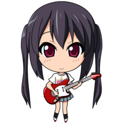 Rule 34 | 1girl, :&gt;, black hair, brown eyes, chibi, fuji (eigi), icon (computing), k-on!, long hair, lowres, nakano azusa, no nose, pleated skirt, simple background, skirt, solo, twintails, white background