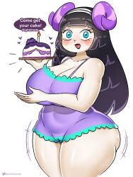 Rule 34 | 1girl, animal crossing, bare shoulders, breasts, cake, candle, collarbone, food, horns, large breasts, lips, long hair, muffy (animal crossing), nintendo, open mouth, plate, smile, solo, thick thighs, thighs