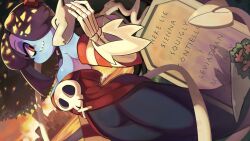 Rule 34 | 1girl, blue hair, blue skin, bouquet, cityscape, colored skin, cuddling, detached collar, detached sleeves, dress, dutch angle, english text, flower, grave, hair over one eye, half-closed eyes, highres, leviathan (skullgirls), looking at another, mega mochio, outdoors, red eyes, side ponytail, skeletal arm, skullgirls, smile, solo, squigly (skullgirls), stitched mouth, stitches, striped sleeves, tree, wide hips, wide sleeves, zombie
