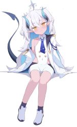 Rule 34 | 1girl, absurdres, ahoge, black socks, black tail, blue archive, blue necktie, blush, closed mouth, collared dress, dress, full body, grey hair, grey halo, halo, highres, horns, jacket, long hair, long sleeves, necktie, open clothes, open jacket, pointy ears, shasha (shasha159357), shoes, simple background, sitting, smile, socks, solo, sumomo (blue archive), white background, white dress, white footwear, white jacket, yellow eyes