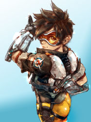 Rule 34 | 1girl, bad id, bad pixiv id, baram (manchang1994), blue background, bodysuit, bomber jacket, brown eyes, brown hair, chest harness, cowboy shot, from behind, gloves, goggles, gradient background, harness, highres, jacket, looking at viewer, looking back, overwatch, overwatch 1, parted lips, short hair, smile, solo, spiked hair, tracer (overwatch), white background