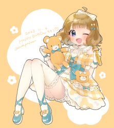Rule 34 | 1girl, ahoge, bloomers, blue bow, blue eyes, blue footwear, blush, bow, brown hair, commentary request, cross-laced clothes, cross-laced top, dated, detached sleeves, dress, flat chest, footwear bow, gloves, hair bow, hand up, happy birthday, heart, highres, holding, holding microphone, idolmaster, idolmaster million live!, idolmaster poplinks, kirita producer, lace, legs, looking at viewer, medium hair, microphone, official alternate costume, one eye closed, open mouth, orange background, sidelocks, sitting, smile, solo, stuffed animal, stuffed toy, suou momoko, teddy bear, thighhighs, thighs, twitter username, underwear, wavy hair, white bloomers, white gloves, white thighhighs, yellow dress