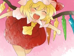 Rule 34 | ^ ^, ascot, bad id, bad pixiv id, blonde hair, bow, closed eyes, comic, dress, closed eyes, female focus, flandre scarlet, hair bow, hammer (sunset beach), hat, open mouth, running, short hair, silent comic, smile, solo, teeth, touhou, wings
