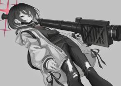 Rule 34 | 1girl, absurdres, atat250, backpack, bag, bandaged neck, bandages, blue archive, brown eyes, dutch angle, empty eyes, expressionless, feet out of frame, fim-92 stinger, grey background, greyscale, gun, halo, highres, hood, hood down, hooded jacket, hoodie, jacket, layered clothes, long sleeves, looking at viewer, man-portable air-defense system, mask pull, misaki (blue archive), missile launcher, monochrome, open clothes, open jacket, pants, rocket launcher, short hair, simple background, solo, spot color, torn clothes, torn pants, weapon