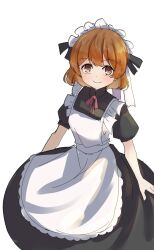 Rule 34 | 1girl, alternate costume, apron, black dress, brown eyes, brown hair, dress, enmaided, frilled apron, frills, highres, kantai collection, maid, maid headdress, oboro (kancolle), simple background, smile, solo, tsumorin (tumori), white apron, white background