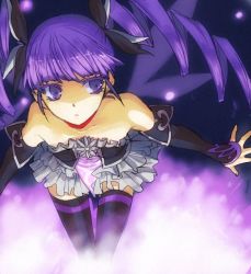 Rule 34 | 1girl, bare shoulders, colored eyelashes, detached sleeves, drill hair, frills, goth fashion, long hair, official alternate costume, purple background, purple eyes, purple hair, purple theme, purple thighhighs, solo, sophie (tales), tales of (series), tales of graces, thighhighs, twintails, yuma (pixiv744844), yuma (zero)