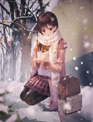 Rule 34 | 1girl, bag, bear hair ornament, black hair, black pantyhose, bug, butterfly, coat, day, full body, hair ornament, hairclip, hand up, insect, kinty, lamppost, long hair, long sleeves, looking down, miniskirt, original, outdoors, pantyhose, plaid, plaid skirt, purple eyes, purple skirt, road, scarf, school bag, shoes, skirt, snow, snowing, solo, squatting, street, stuffed animal, stuffed toy, teddy bear, tree, white footwear, white scarf, winter