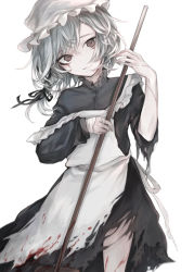 Rule 34 | 1girl, apron, asymmetrical sleeves, bandaged hand, bandages, black dress, black ribbon, blood, blood on clothes, blood on leg, commentary request, cowboy shot, dress, grey hair, hair ribbon, hasunokaeru, hat, highres, holding, long hair, long sleeves, looking at viewer, maid, maid apron, mob cap, original, red eyes, ribbon, solo, standing, stitches, strap slip, torn clothes, uneven sleeves, white apron, white background, white hat, zombie