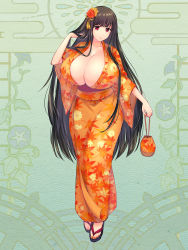 Rule 34 | 1girl, :o, bag, black hair, breasts, cleavage, dairoku ryouhei, flower, full body, gome (tw6), green background, hair flower, hair ornament, hand in own hair, highres, holding, holding bag, huge breasts, japanese clothes, kimono, leaf print, looking at viewer, lucrezia astrude, nail polish, orange kimono, orange nails, red eyes, sandals, solo, standing, wide sleeves, zouri