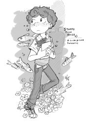 Rule 34 | 1boy, child, commentary, english commentary, english text, fish, flower, freckles, full body, greyscale, holding, holding paper, koinotea, looking to the side, luca (pixar), luca paguro, male focus, monochrome, paper, short hair, short sleeves, solo