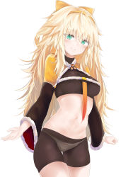 Rule 34 | 1girl, absurdres, blonde hair, blush, bow, bow panties, breasts, crop top, cropped jacket, fur-trimmed jacket, fur trim, girls&#039; frontline, green eyes, hair between eyes, hair bow, hairband, heart, heart-shaped pupils, highres, jacket, large breasts, long hair, looking at viewer, messy hair, navel, official alternate costume, orange bow, orange hairband, panties, ru zhai, s.a.t.8 (girls&#039; frontline), s.a.t.8 (wintersweet) (girls&#039; frontline), see-through, shorts, sidelocks, simple background, smile, solo, stomach, symbol-shaped pupils, underwear, very long hair, white background, white panties