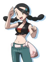 Rule 34 | 1girl, alternate costume, bad id, bad pixiv id, belt, black hair, black shirt, blue pants, breasts, candice (pokemon), clenched hand, collarbone, cosplay, cowboy shot, creatures (company), crop top, drop shadow, female focus, flannery (pokemon), flannery (pokemon) (cosplay), game freak, gym leader, hair tie, hands up, happy, long hair, looking at viewer, medium breasts, midriff, multi-tied hair, navel, nintendo, open mouth, pants, pokemon, pokemon dppt, pokemon oras, shirt, short sleeves, simple background, smile, solo, standing, tellzeta, twintails, white background, yellow eyes