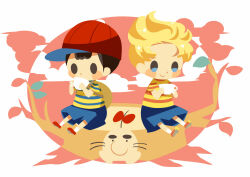 Rule 34 | 2boys, baseball cap, black hair, blonde hair, blush stickers, chibi, closed mouth, cloud, cup, doseisan, drinking, flower, hat, hitofutarai, holding, holding cup, lucas (mother 3), male focus, mother (game), mother 2, mother 3, multiple boys, ness (mother 2), nintendo, red flower, red headwear, shirt, sitting on tree stump, smile, solid oval eyes, striped clothes, striped shirt, tree stump, white background