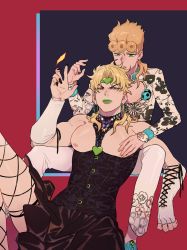 Rule 34 | 2boys, bare pectorals, black corset, black nails, black skirt, blonde hair, braid, bug, closed mouth, commentary request, corset, cross-laced clothes, cross-laced gloves, crossdressing, dio brando, father and son, fingerless gloves, fishnet pantyhose, fishnets, floral print, giorno giovanna, gloves, green eyes, green lips, headband, heart, highres, honlo, insect, jacket, jewelry, jojo no kimyou na bouken, ladybug, large pectorals, lipstick, long hair, long sleeves, looking at another, looking at viewer, makeup, male focus, multiple boys, nail polish, nipples, pants, pantyhose, pectorals, red eyes, sitting, skirt, stardust crusaders, vento aureo