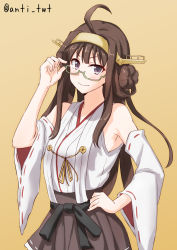 Rule 34 | 10s, 1girl, adjusting eyewear, ahoge, anti (untea9), bespectacled, brown hair, brown skirt, commentary request, detached sleeves, double bun, glasses, hair bun, hand on own hip, headgear, highres, japanese clothes, kantai collection, kongou (kancolle), kongou kai ni (kancolle), long hair, looking at viewer, nontraditional miko, orange background, ribbon-trimmed skirt, ribbon-trimmed sleeves, ribbon trim, simple background, skirt, smile, solo, twitter username, v-shaped eyebrows, wide sleeves
