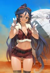 Rule 34 | 1girl, absurdres, agoto, belt, black thighhighs, blue eyes, blue hair, breasts, capsule corp, cleavage, cowboy shot, cropped jacket, day, double w, dragon ball, eyewear on head, gloves, goggles, goggles on head, grin, hair between eyes, highres, long hair, looking at viewer, looking to the side, medium breasts, midriff, navel, original, outdoors, ponytail, short shorts, shorts, smile, solo, standing, thighhighs, utility belt, very long hair, w, white gloves