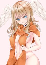 Rule 34 | 1girl, :d, black collar, blue eyes, breasts, brown hair, collar, eunie (xenoblade), feathered wings, groin, hair between eyes, head wings, highres, long hair, looking at viewer, medium breasts, naked scarf, nanase nao, navel, open mouth, orange scarf, pink background, scarf, simple background, smile, solo, v-shaped eyebrows, white wings, wings, xenoblade chronicles (series), xenoblade chronicles 3